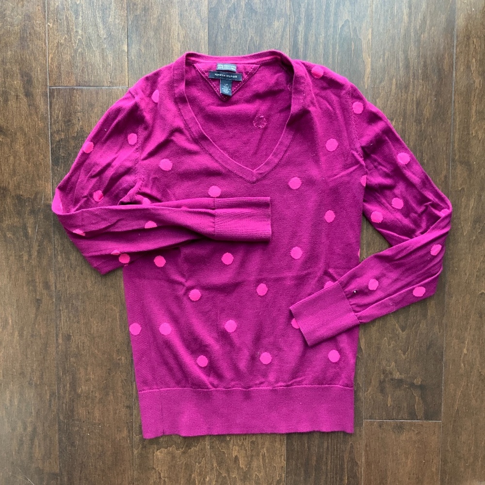 TOMMY HILFIGER Sweater V-Neck 100% Cotton Pink Polka Dot. Size S.